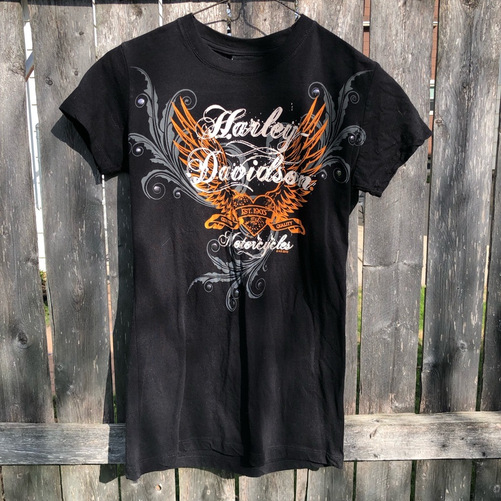 Y2k Harley-Davidson Black Shirt with Orange and White Logo